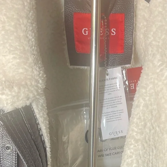 Guess Dark Brown Leather Jacket with Cream Shearling - Picture 2 of 5